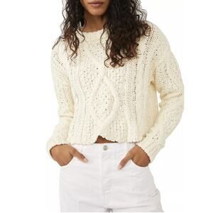 Free People Cutting Edge Cable Knit Sweater Size Small Cream Cropped Boxy Chunky